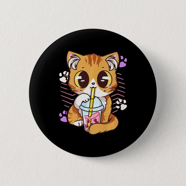 Fun Kawaii Cute Cat Boba Bubble Milk Tea Anime Nek 2 Inch Round Button (Front)