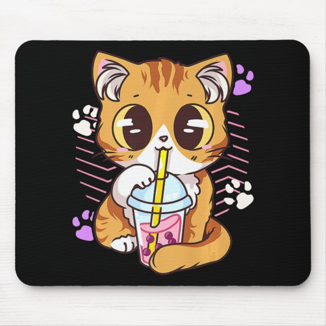 Fun Kawaii Cute Cat Boba Bubble Milk Tea Anime Nek Mouse Pad (Front)