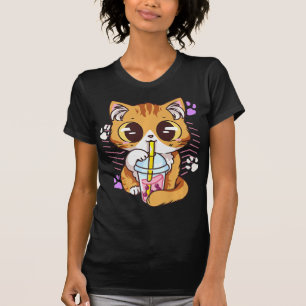 Fun Kawaii Cute Cat Boba Bubble Milk Tea Anime Nek T-Shirt