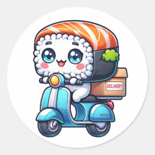 Fun Kawaii Sushi on delivery scooter Classic Round Sticker