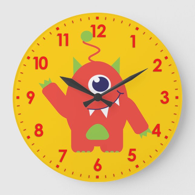 Fun kids alien orange and yellow wall clock (Front)