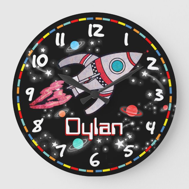Fun kids boys rocket space black wall clock (Front)
