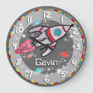 Fun kids boys rocket space grey wall clock