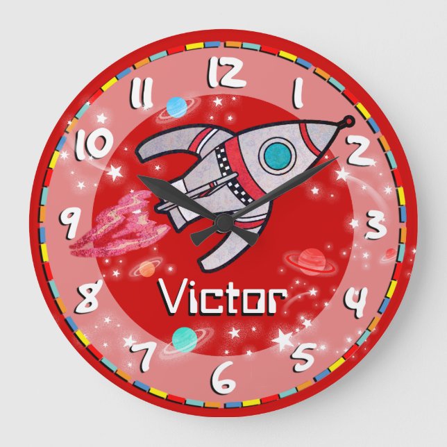 Fun kids boys rocket space red wall clock (Front)