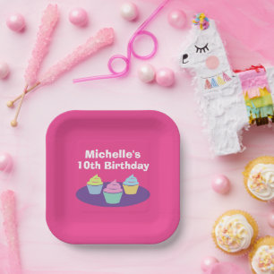 Fun kid's cupcake Birthday party custom pink Paper Plate