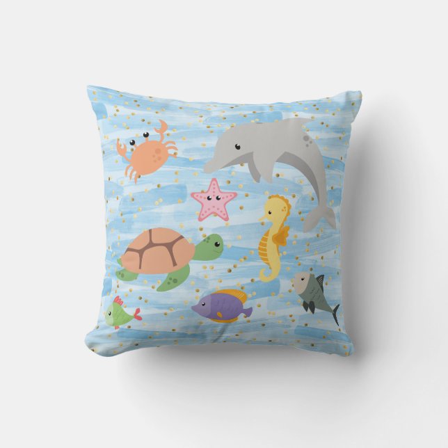 Fun kids cute sea animals dolphin turtle starfish throw pillow (Front)