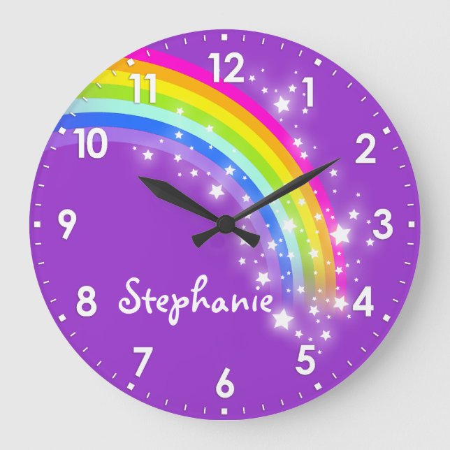 Fun kids girls rainbow name purple wall clock (Front)