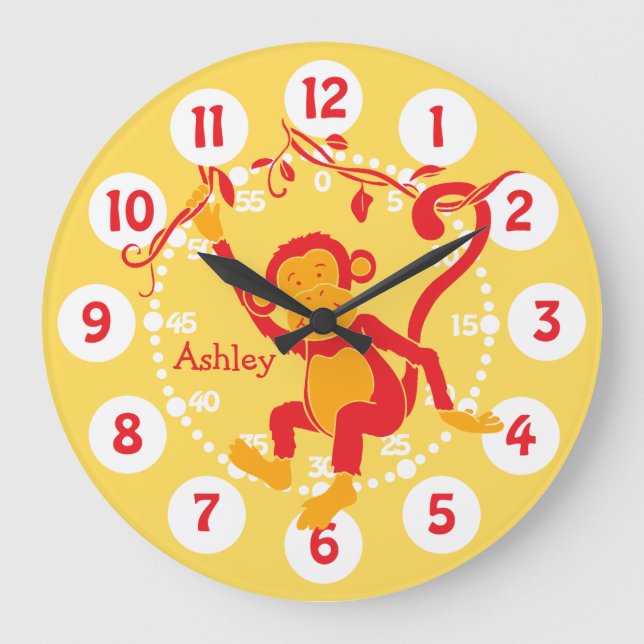 Fun kids name monkey red & yellow wall clock (Front)