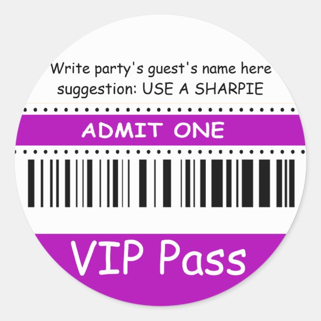 Fun Kids VIP Pass Admit One Birthday Party purple Classic Round Sticker (Front)