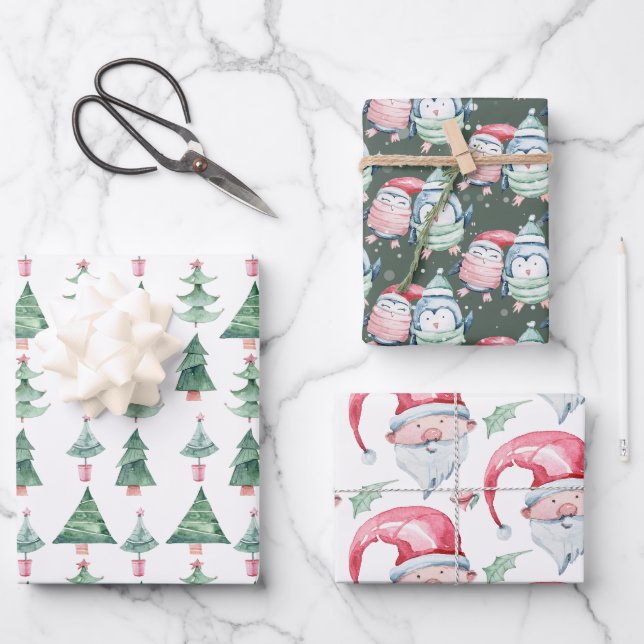 Fun Kids Watercolor Christmas Holiday Wrapping Paper Sheet (Front)