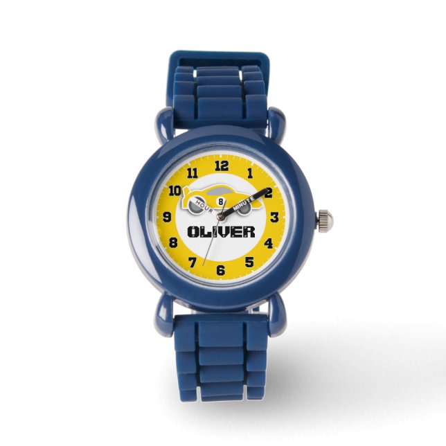 Fun kids yellow car name & age wrist watch (Front)