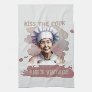 Fun Kiss The Cook She's Vintage Kitchen Towel