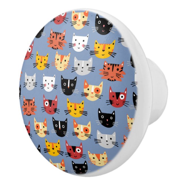 Fun Kitty Cat Pattern Blue Ceramic Knob (Right)