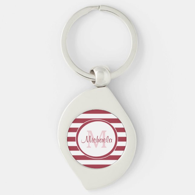 Fun Large Red and White Stripes With Monogram Keychain (Front)