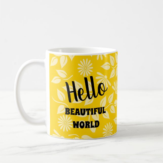 Fun Leaves Daisies Pattern Bright Yellow Template Coffee Mug (Left)