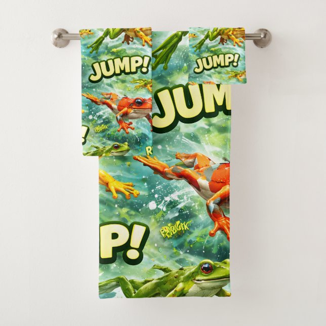 Fun leaving frogs, colorful bath towel set (Insitu)