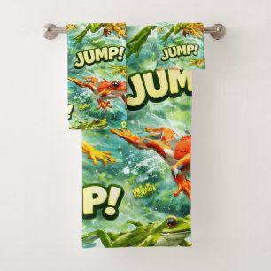 Fun leaving frogs, colourful bath towel set