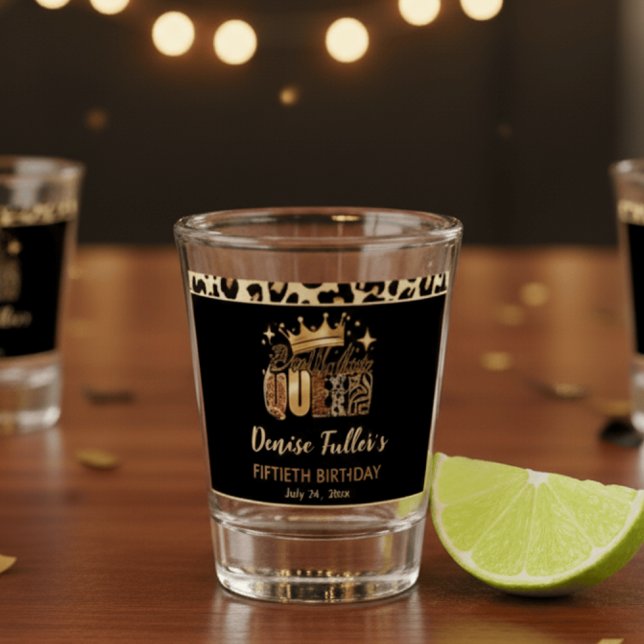 Fun Leopard Birthday Queen Fifty Birthday Shot Glass (Creator Uploaded)
