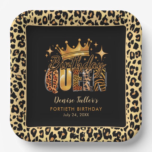 Fun Leopard Birthday Queen Forty Birthday Paper Plate (Front)