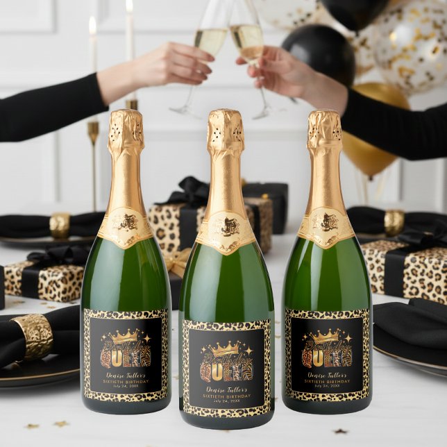 Fun Leopard Birthday Queen Sixty Birthday Sparkling Wine Label (Creator Uploaded)