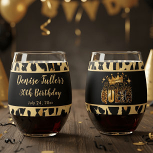 Fun Leopard Birthday Queen Thirty Birthday Stemless Wine Glass