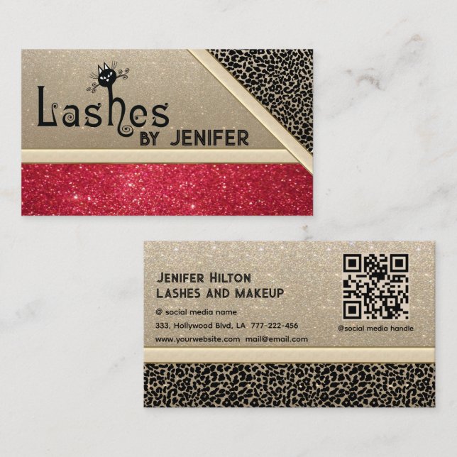 Fun leopard glittery black cat lashes QR code Business Card (Front/Back)