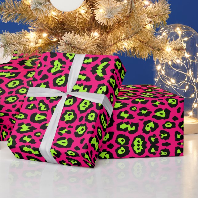 Fun leopard print neon chartreuse green hot pink wrapping paper (Holidays)