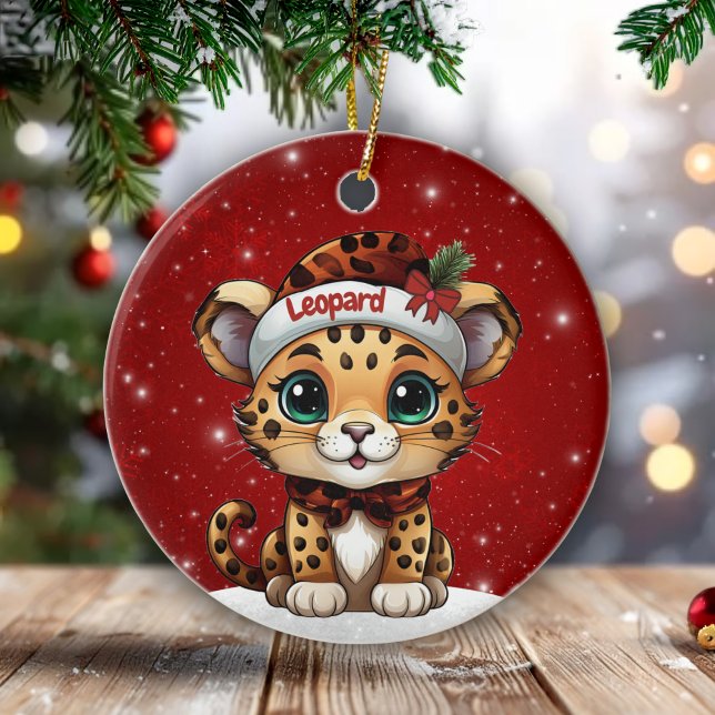 Fun Leopard Red Sparkle Animal Print Lover 🐆🐈🐾 Ceramic Ornament (Personalizable Kitten Xmas Decoration Customizable Name Leopard Decor Cat Berry Red Ornament  🐆🎄)
