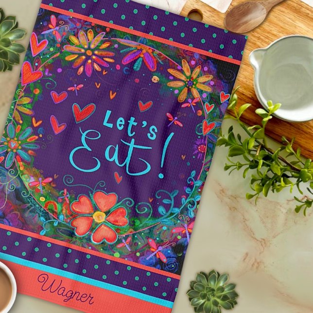Fun Let’s Eat Quote Floral Heart Name Kitchen Towel (Creator Uploaded)