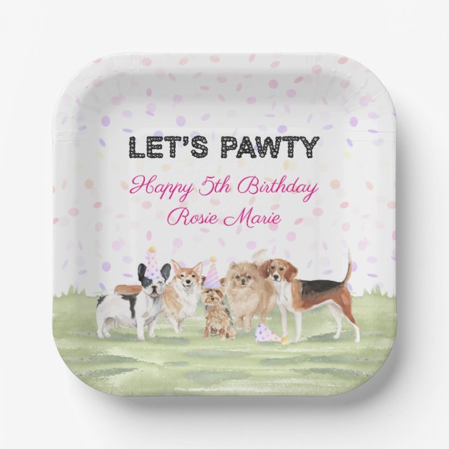 Fun Let's Pawty Pink Custom Dog Birthday Party Paper Plate (Front)