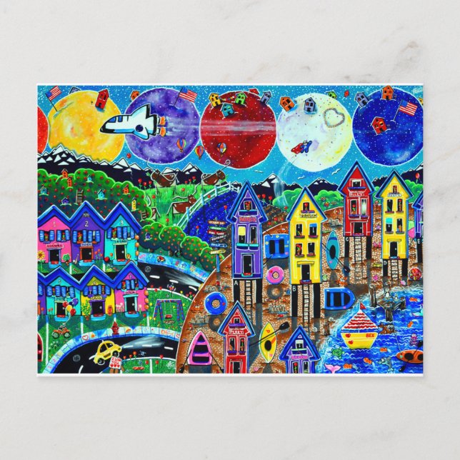 Fun Life Beach Space Shuttle Planets Ocean Kids Postcard (Front)