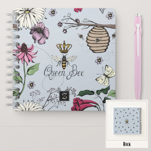 Fun Light Blue Queen Bee & Crown Floral Monogram Notebook