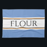 Fun Light Blue White Kitchen FLOUR Racing Stripes Towel<br><div class="desc">This retro culinary design features FLOUR text inside a wide white centre stripe highlighted with black,  yellow,  and white racing stripes against soft blue outer stripes.  The text can be personalized.</div>