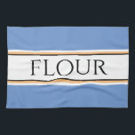 Fun Light Blue White Kitchen FLOUR Racing Stripes Towel<br><div class="desc">This retro culinary design features FLOUR text inside a wide white centre stripe highlighted with black,  yellow,  and white racing stripes against soft blue outer stripes.  The text can be personalized.</div>