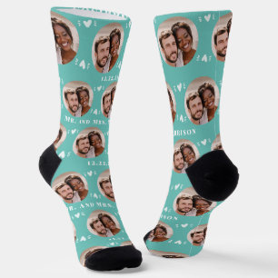 Fun Light Teal Newlyweds Photo Pattern Socks