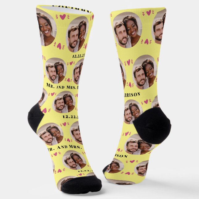 Fun Light Yellow Newlyweds Photo Pattern Socks (Angled)