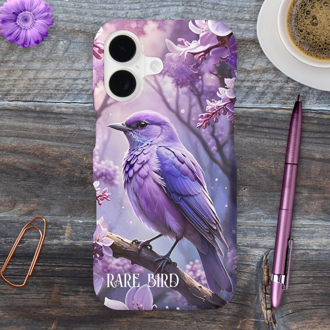 Fun Lilac Violet Rare Oiseau Artistique Téléphone  (Fun phone case featuring an artistic magical rare bird with flowers in lilac purple colors)