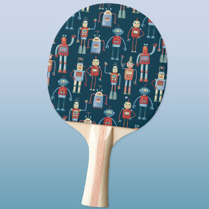 Fun Little 1950s Style Retro Robot Pattern Dark Ping Pong Paddle