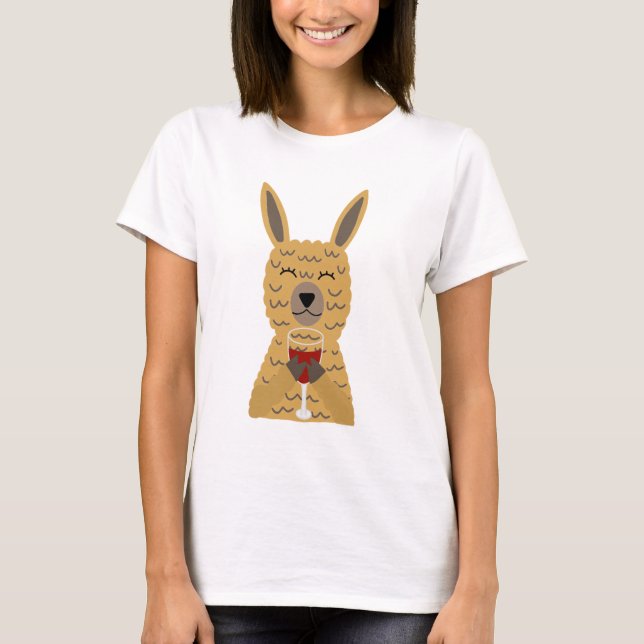 Fun Llama Drinking Red Wine T-Shirt (Front)