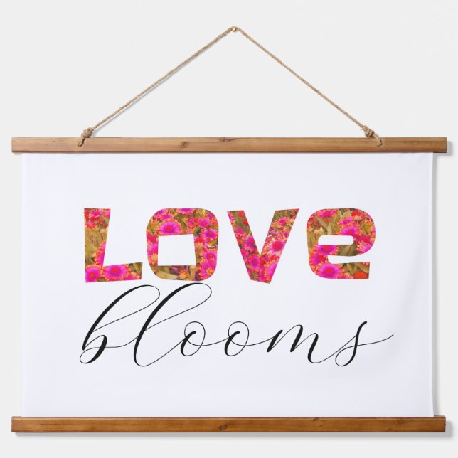 fun love blooms word art hot pink and white  hanging tapestry (Front)