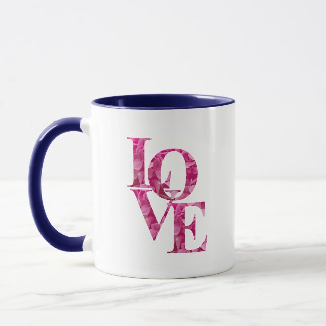 Fun LOVE in Spring Pink Hydrangea Flower Lettering Mug (Left)