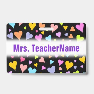 Fun, Loving, Colorful Hearts Pattern + Custom Name Badge