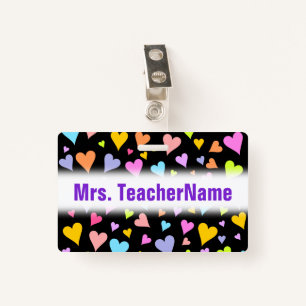 Fun, Loving, Colorful Hearts Pattern + Custom Name Badge