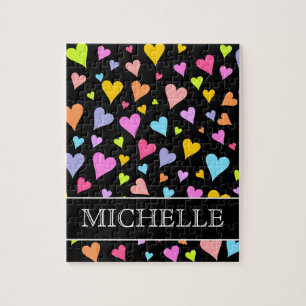 Fun, Loving, Colourful Hearts Pattern + Custom Nam Jigsaw Puzzle
