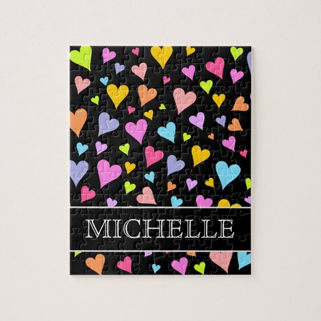 Fun, Loving, Colourful Hearts Pattern + Custom Nam Jigsaw Puzzle (Vertical)