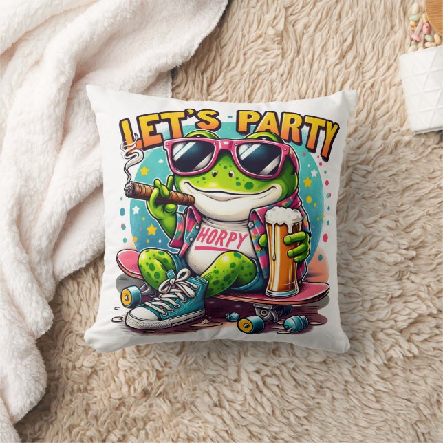 Fun-loving frog skateboarder ready to celebrate throw pillow (Blanket)
