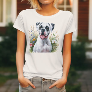 Fun Loving White Boxer Dog Amongst the Flowers T-Shirt