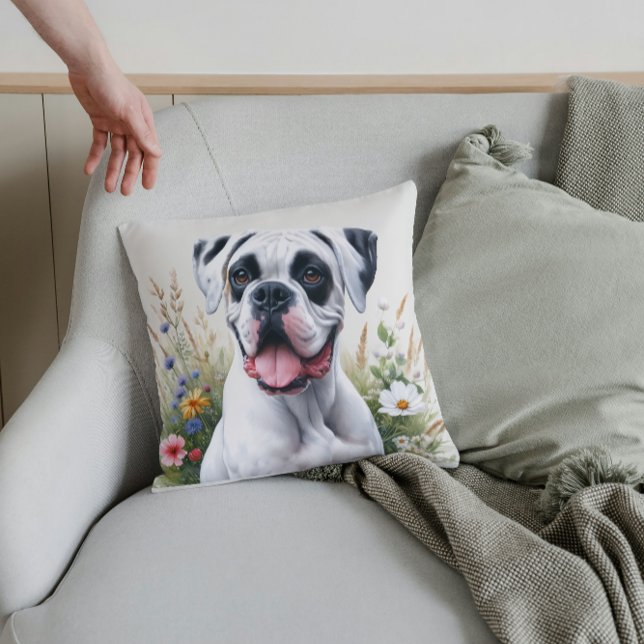 Fun Loving White Boxer Dog in the Flowers Throw Pillow (Creator Uploaded)