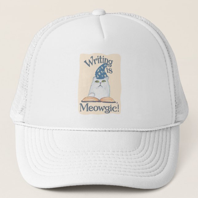 Fun Magic Writing Cat Cartoon Art Slogan Trucker Hat (Front)