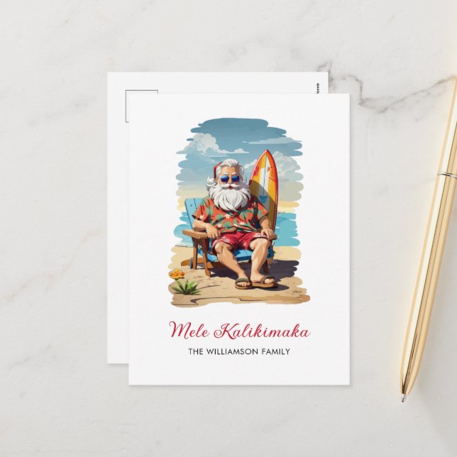 Fun Mele Kalikimaka Santa Surfboard Christmas Card (Front/Back In Situ)
